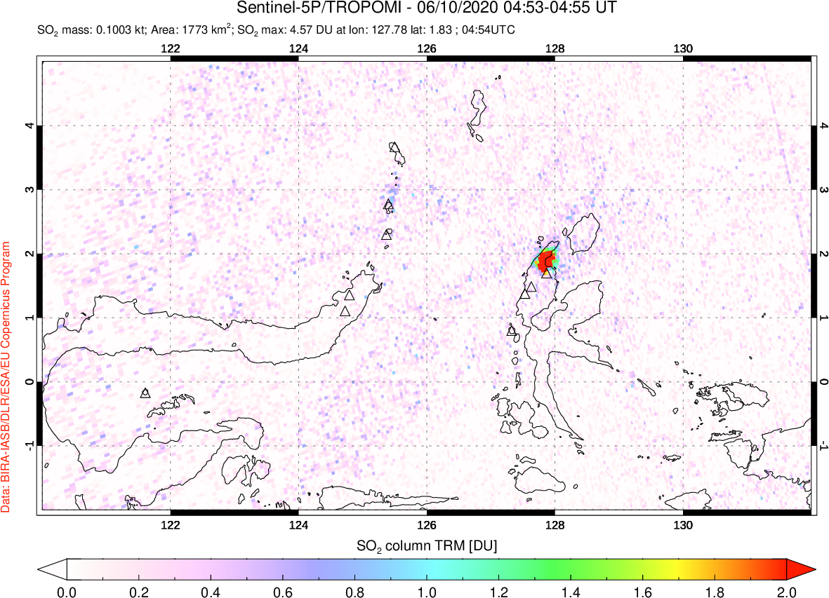 A sulfur dioxide image over Northern Sulawesi & Halmahera, Indonesia on Jun 10, 2020.