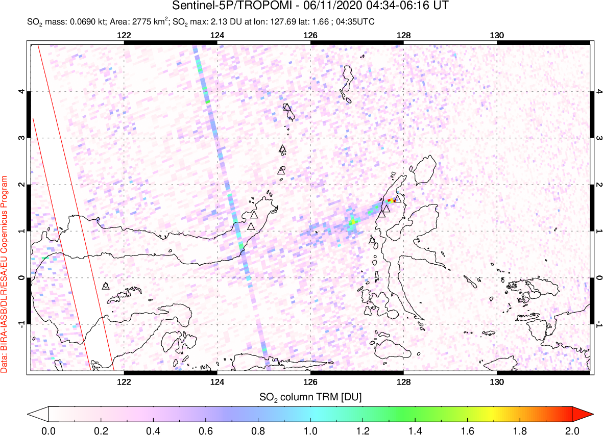A sulfur dioxide image over Northern Sulawesi & Halmahera, Indonesia on Jun 11, 2020.