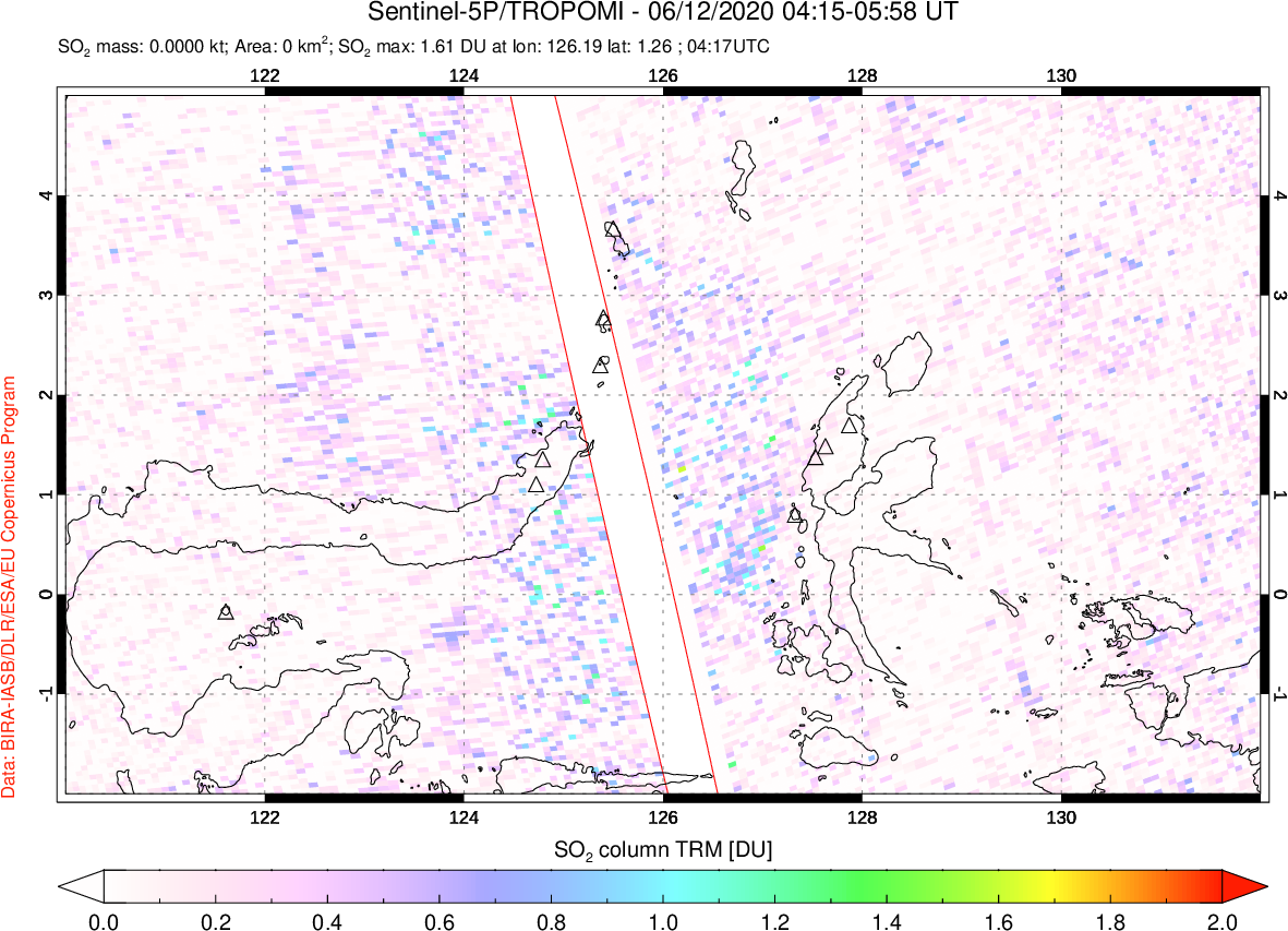 A sulfur dioxide image over Northern Sulawesi & Halmahera, Indonesia on Jun 12, 2020.