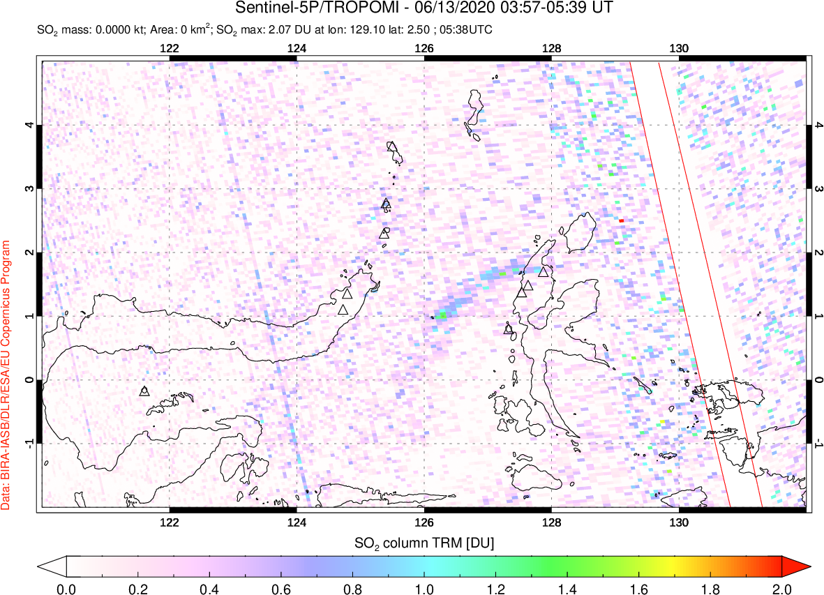 A sulfur dioxide image over Northern Sulawesi & Halmahera, Indonesia on Jun 13, 2020.