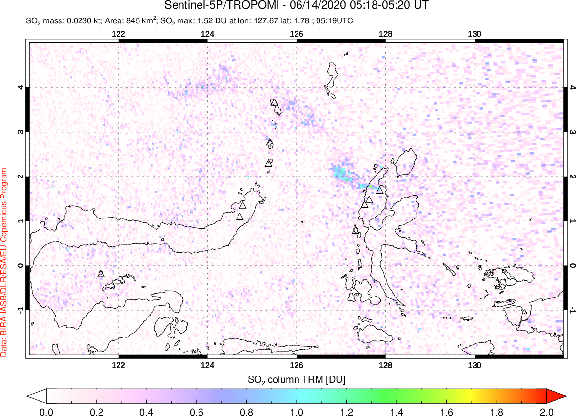 A sulfur dioxide image over Northern Sulawesi & Halmahera, Indonesia on Jun 14, 2020.