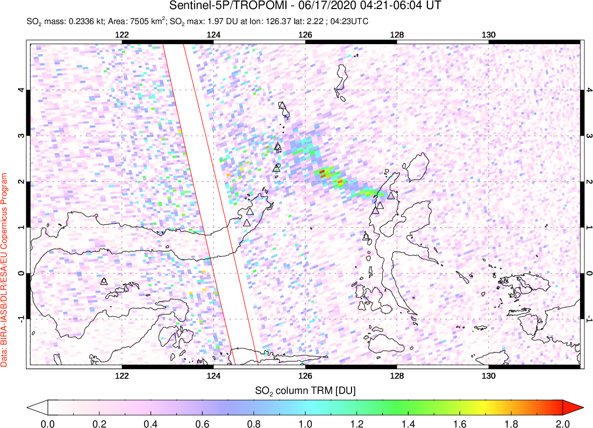 A sulfur dioxide image over Northern Sulawesi & Halmahera, Indonesia on Jun 17, 2020.