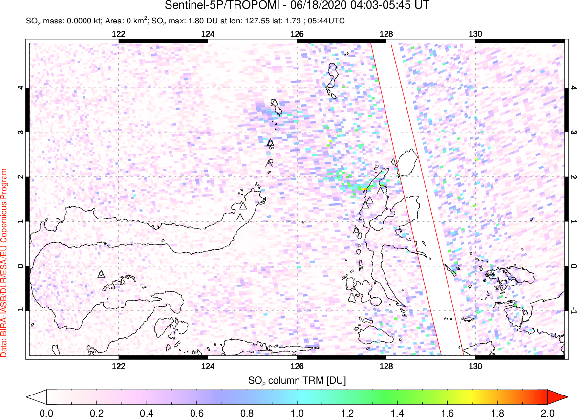 A sulfur dioxide image over Northern Sulawesi & Halmahera, Indonesia on Jun 18, 2020.