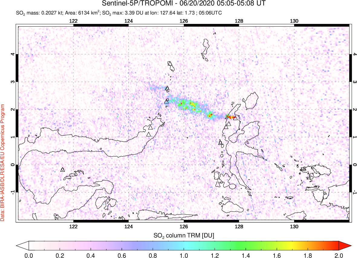 A sulfur dioxide image over Northern Sulawesi & Halmahera, Indonesia on Jun 20, 2020.