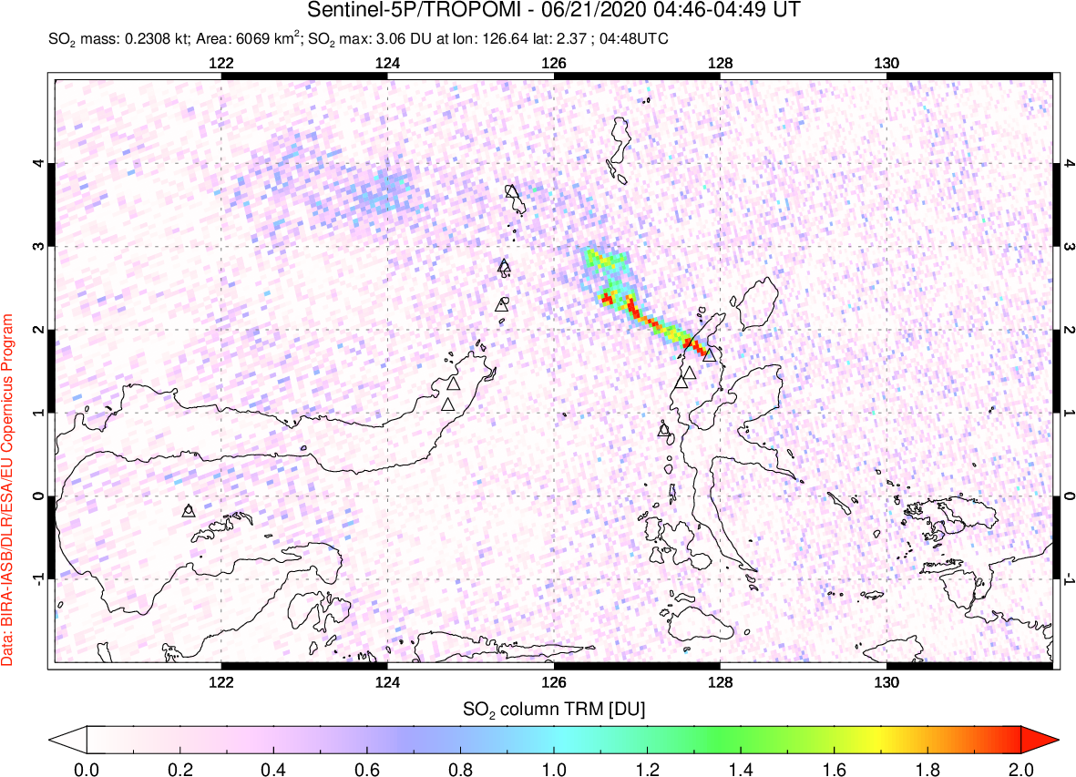 A sulfur dioxide image over Northern Sulawesi & Halmahera, Indonesia on Jun 21, 2020.