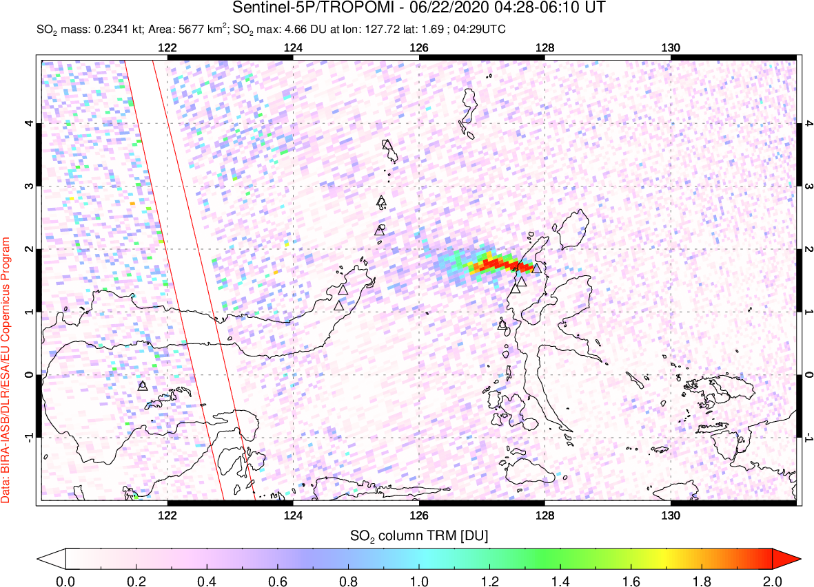A sulfur dioxide image over Northern Sulawesi & Halmahera, Indonesia on Jun 22, 2020.