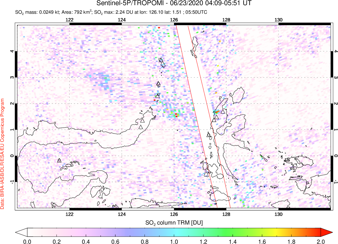 A sulfur dioxide image over Northern Sulawesi & Halmahera, Indonesia on Jun 23, 2020.