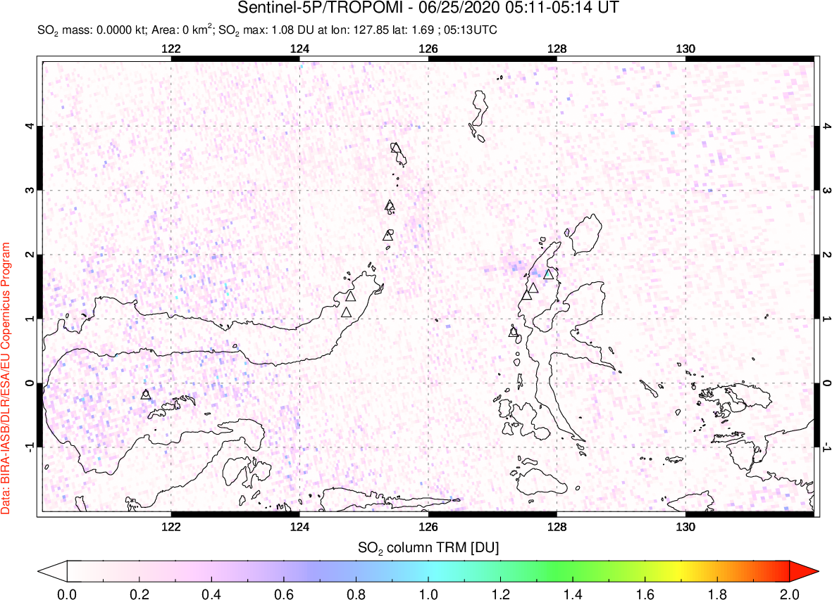 A sulfur dioxide image over Northern Sulawesi & Halmahera, Indonesia on Jun 25, 2020.