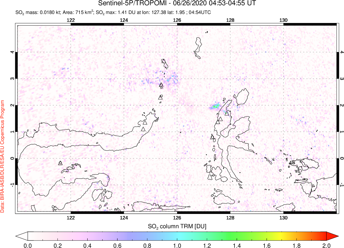 A sulfur dioxide image over Northern Sulawesi & Halmahera, Indonesia on Jun 26, 2020.