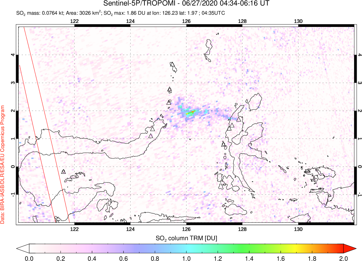 A sulfur dioxide image over Northern Sulawesi & Halmahera, Indonesia on Jun 27, 2020.