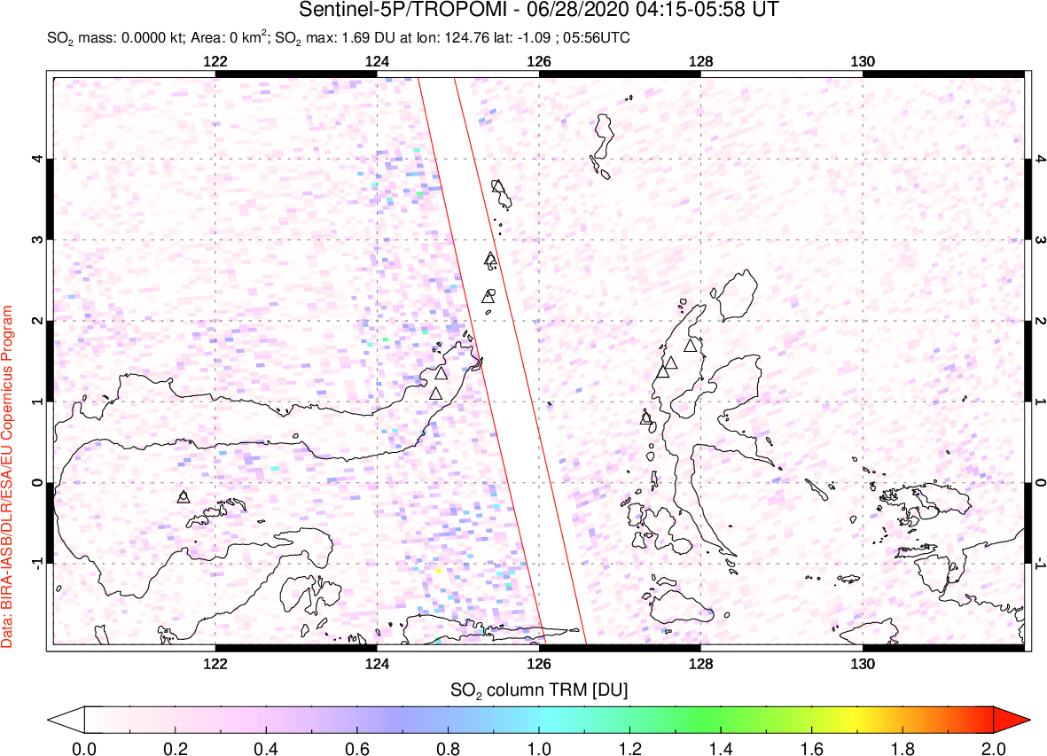 A sulfur dioxide image over Northern Sulawesi & Halmahera, Indonesia on Jun 28, 2020.