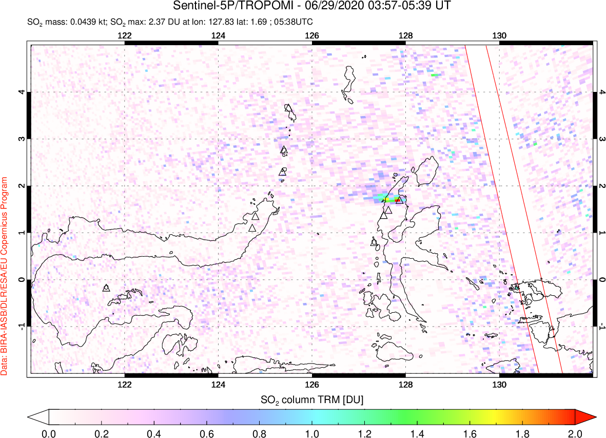 A sulfur dioxide image over Northern Sulawesi & Halmahera, Indonesia on Jun 29, 2020.