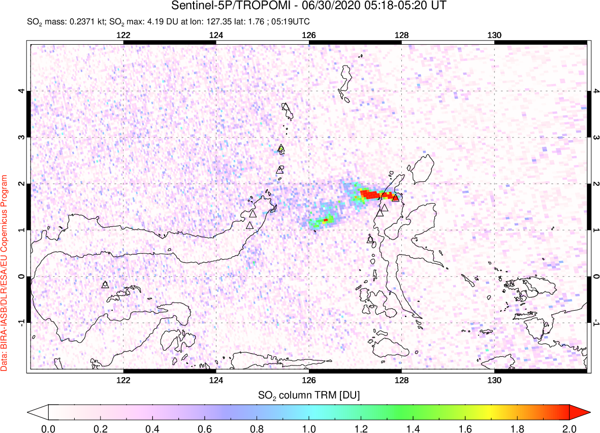 A sulfur dioxide image over Northern Sulawesi & Halmahera, Indonesia on Jun 30, 2020.