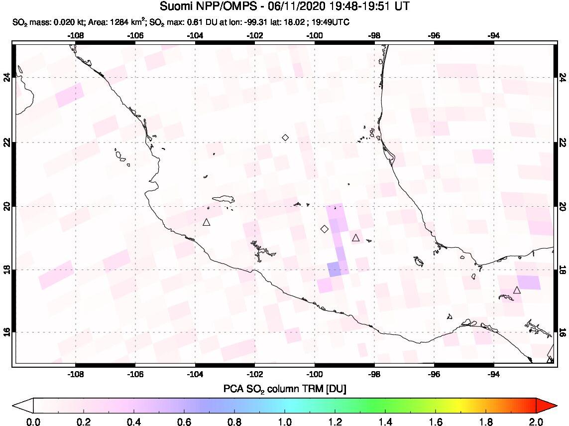 A sulfur dioxide image over Mexico on Jun 11, 2020.