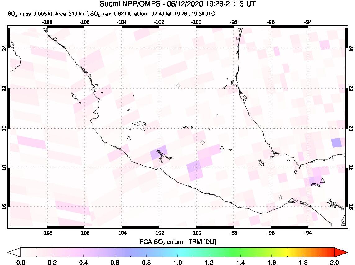 A sulfur dioxide image over Mexico on Jun 12, 2020.