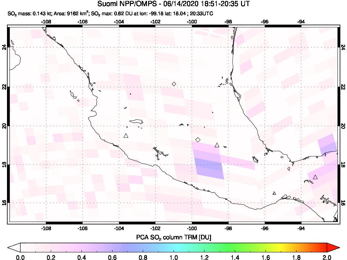 A sulfur dioxide image over Mexico on Jun 14, 2020.