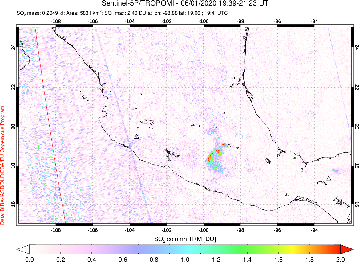 A sulfur dioxide image over Mexico on Jun 01, 2020.