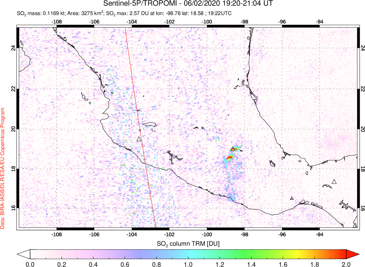 A sulfur dioxide image over Mexico on Jun 02, 2020.