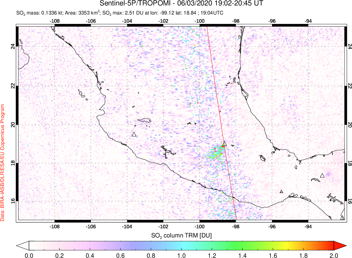 A sulfur dioxide image over Mexico on Jun 03, 2020.
