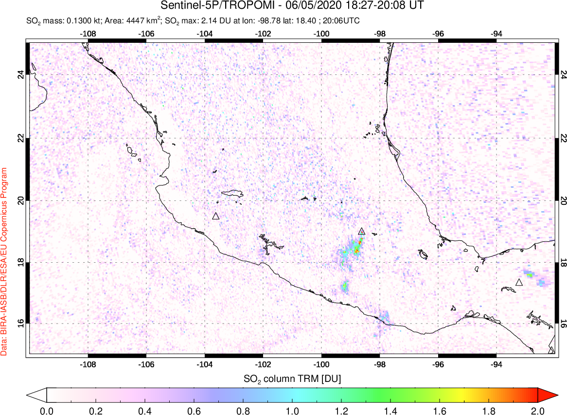A sulfur dioxide image over Mexico on Jun 05, 2020.