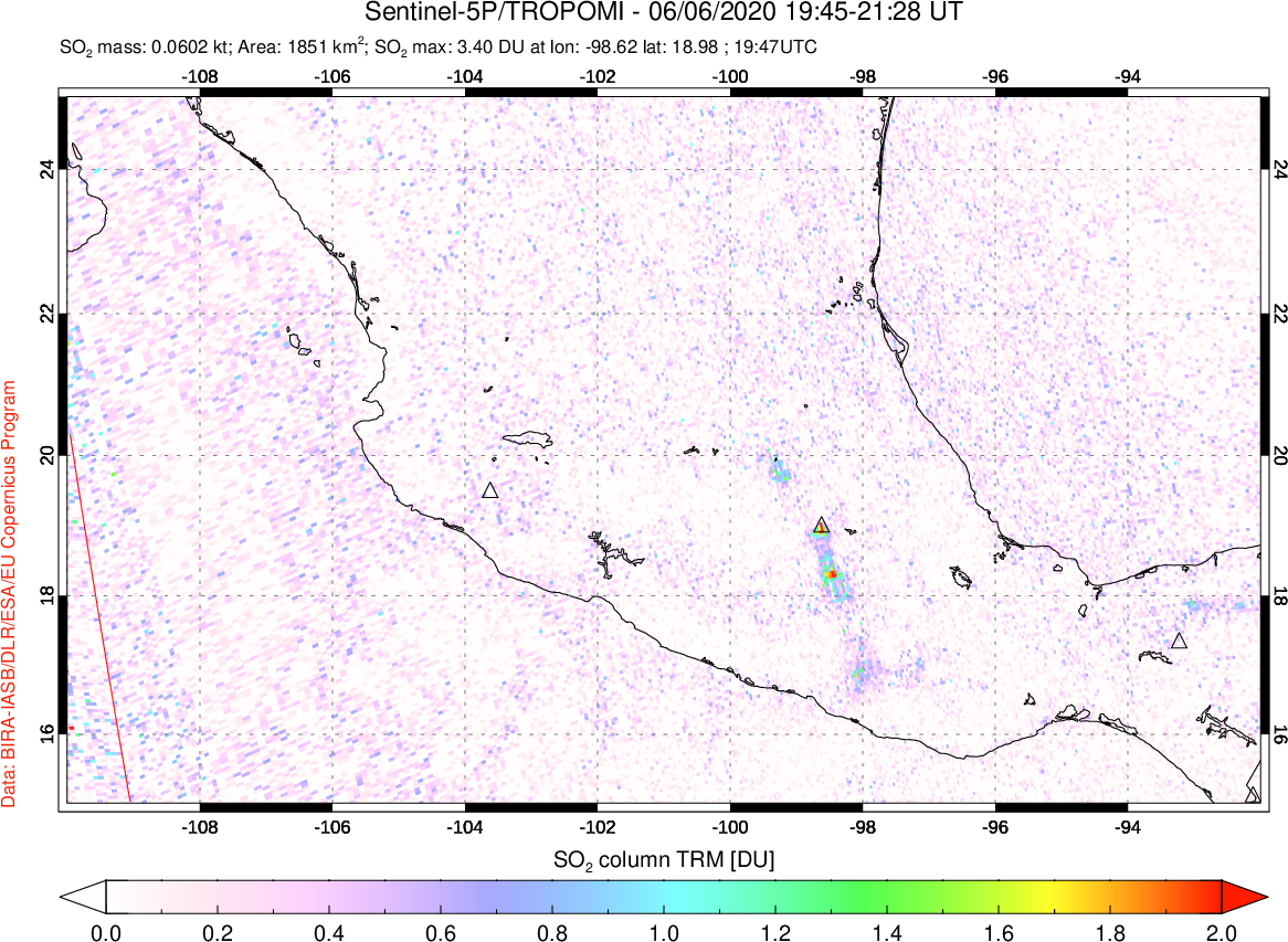 A sulfur dioxide image over Mexico on Jun 06, 2020.