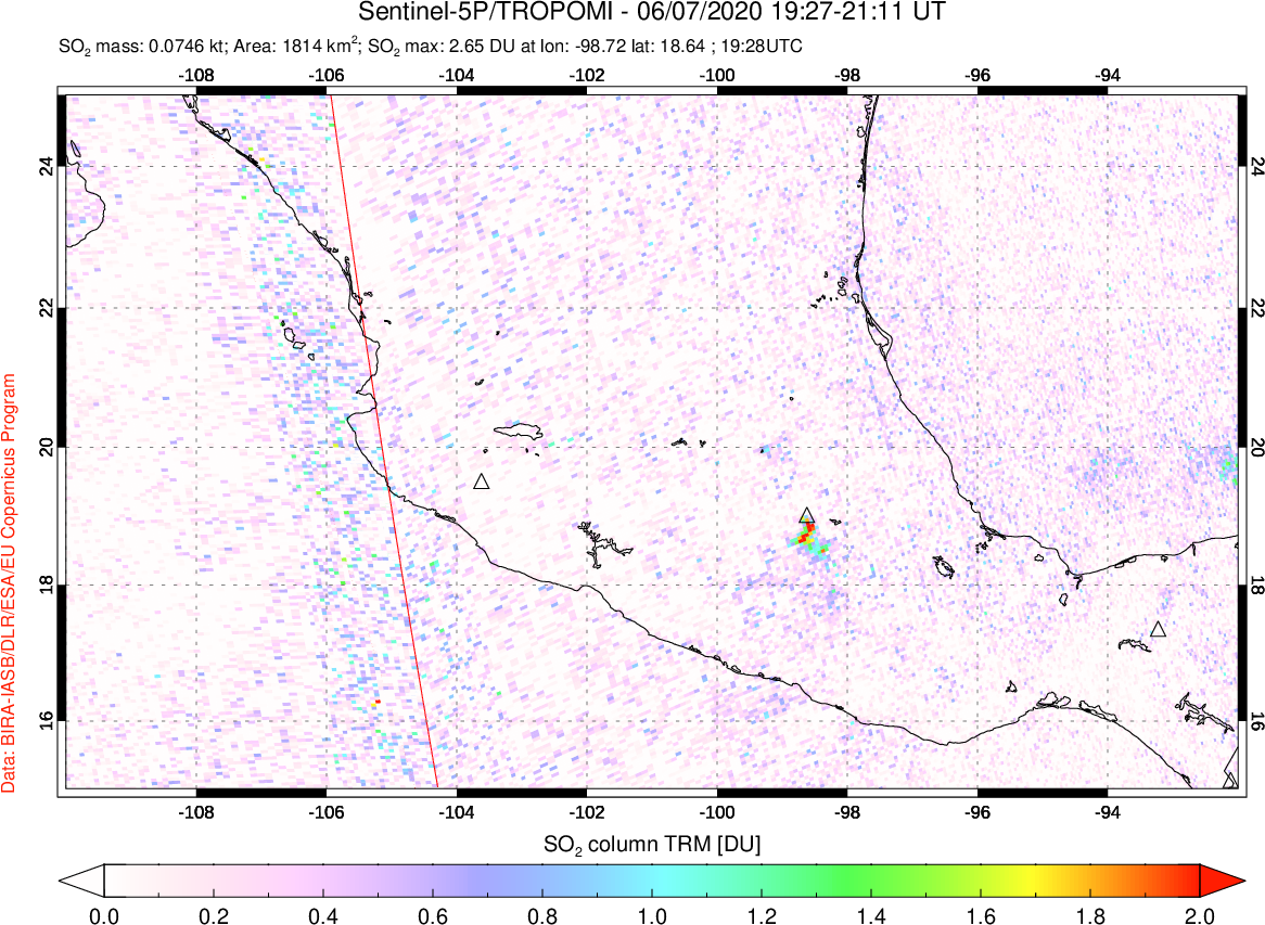 A sulfur dioxide image over Mexico on Jun 07, 2020.