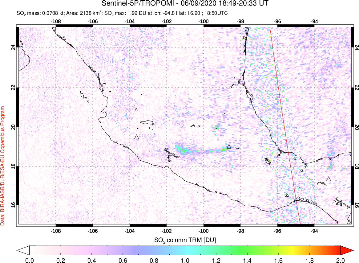 A sulfur dioxide image over Mexico on Jun 09, 2020.