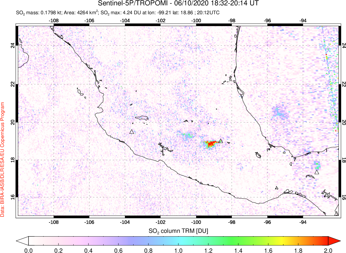 A sulfur dioxide image over Mexico on Jun 10, 2020.