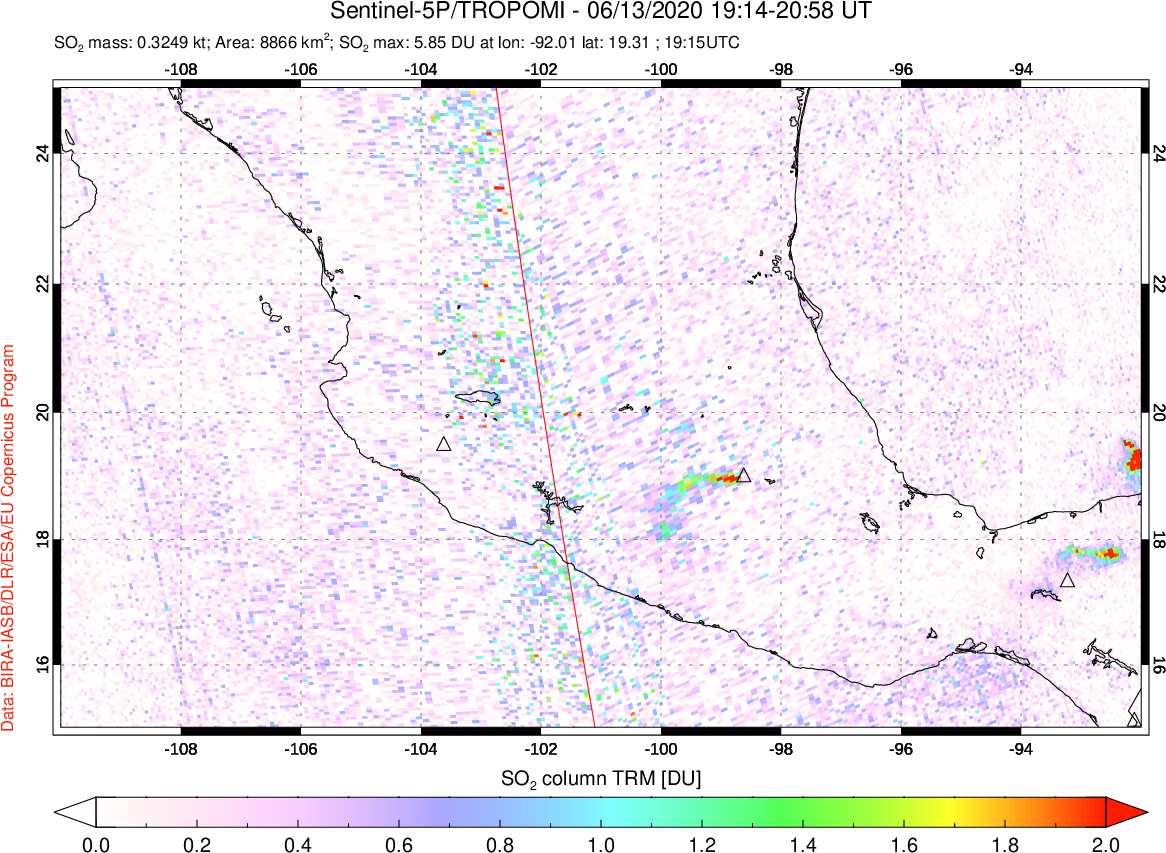 A sulfur dioxide image over Mexico on Jun 13, 2020.