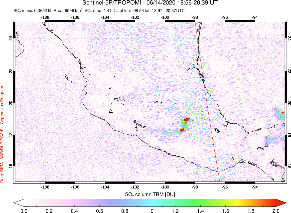 A sulfur dioxide image over Mexico on Jun 14, 2020.