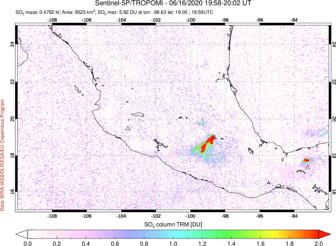 A sulfur dioxide image over Mexico on Jun 16, 2020.