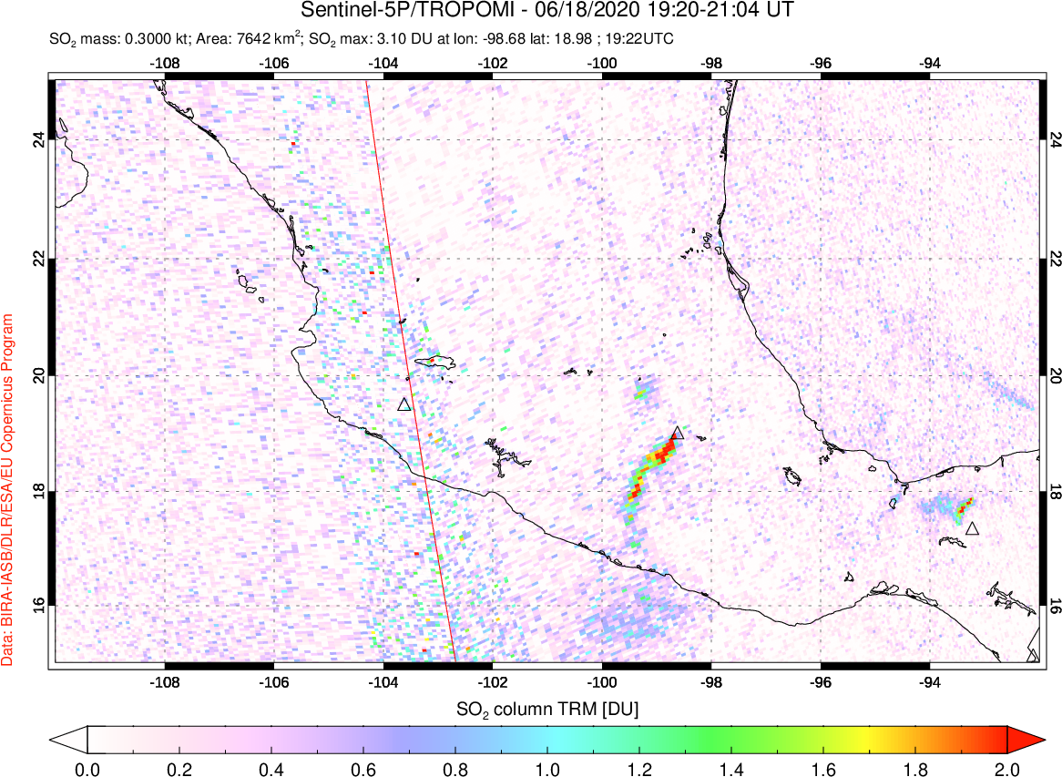 A sulfur dioxide image over Mexico on Jun 18, 2020.