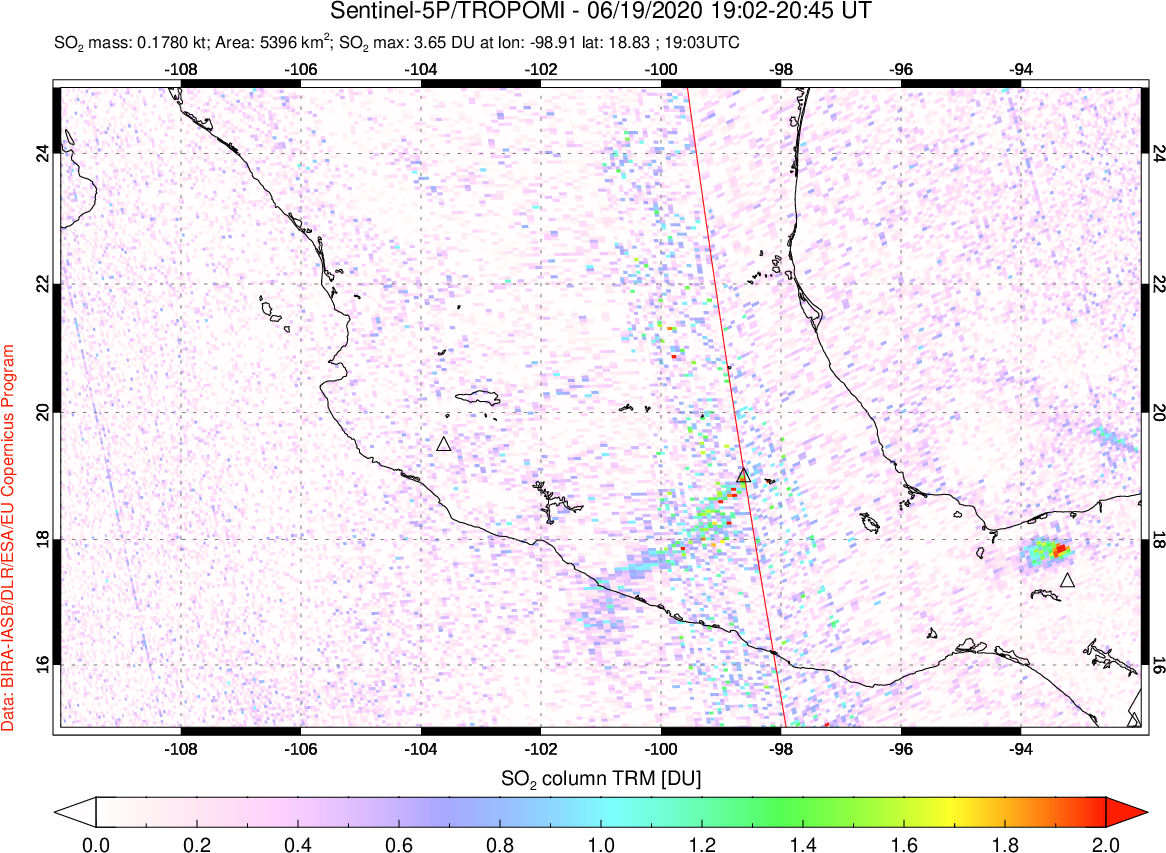 A sulfur dioxide image over Mexico on Jun 19, 2020.