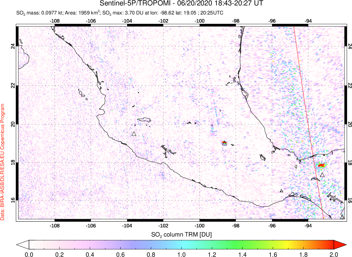 A sulfur dioxide image over Mexico on Jun 20, 2020.