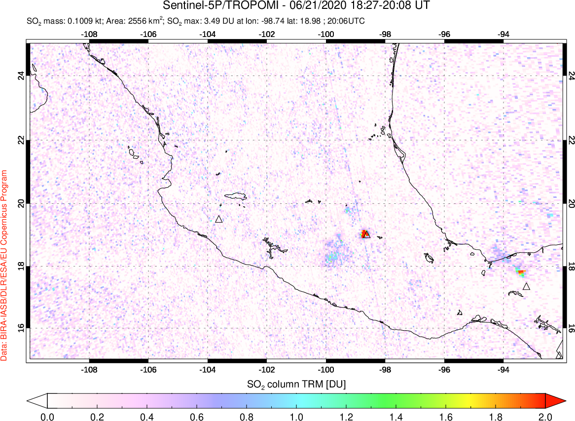 A sulfur dioxide image over Mexico on Jun 21, 2020.