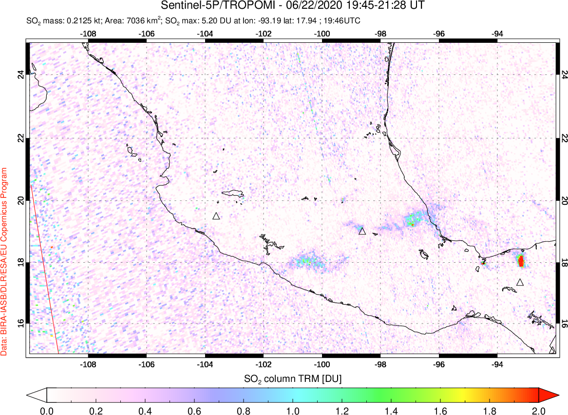 A sulfur dioxide image over Mexico on Jun 22, 2020.