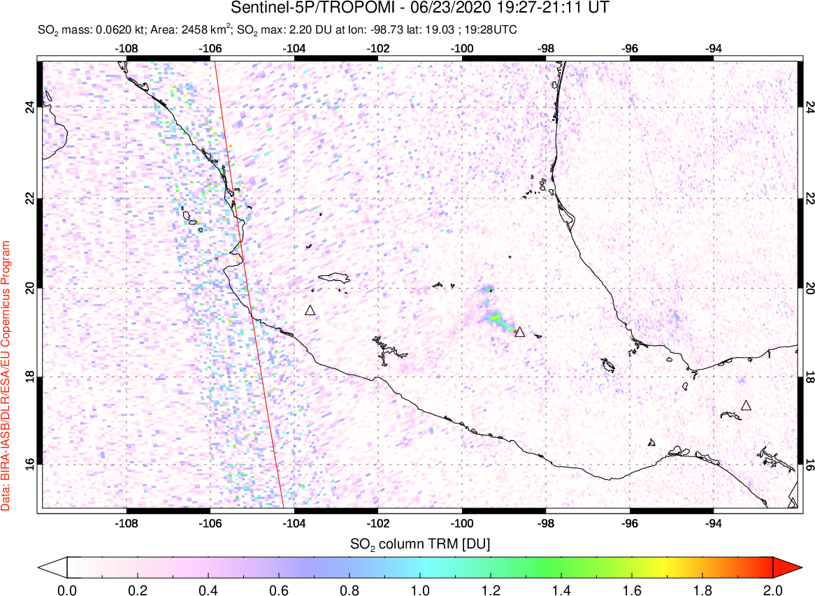 A sulfur dioxide image over Mexico on Jun 23, 2020.