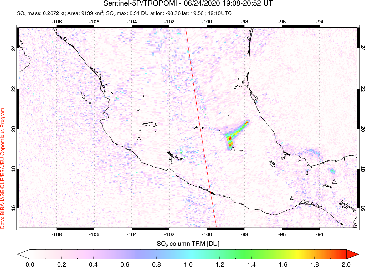 A sulfur dioxide image over Mexico on Jun 24, 2020.