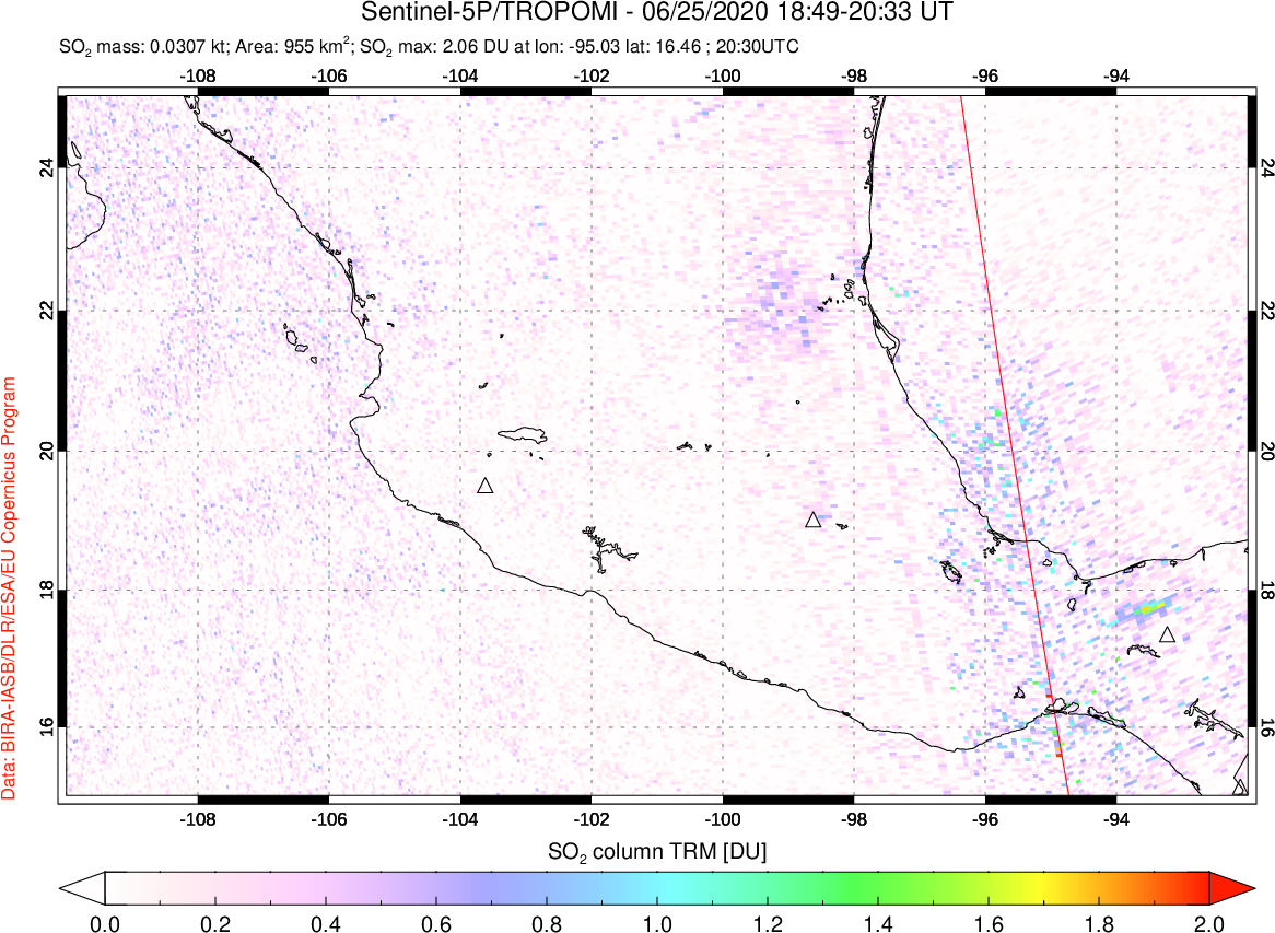 A sulfur dioxide image over Mexico on Jun 25, 2020.