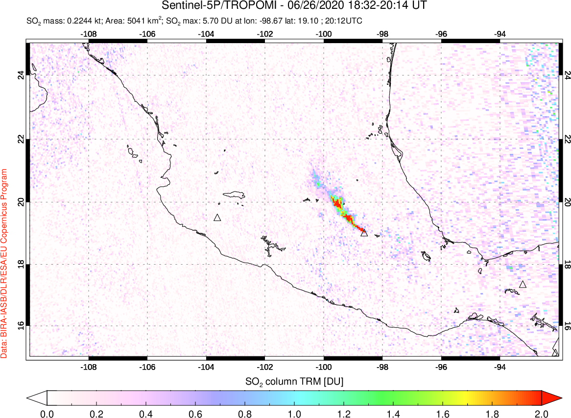 A sulfur dioxide image over Mexico on Jun 26, 2020.