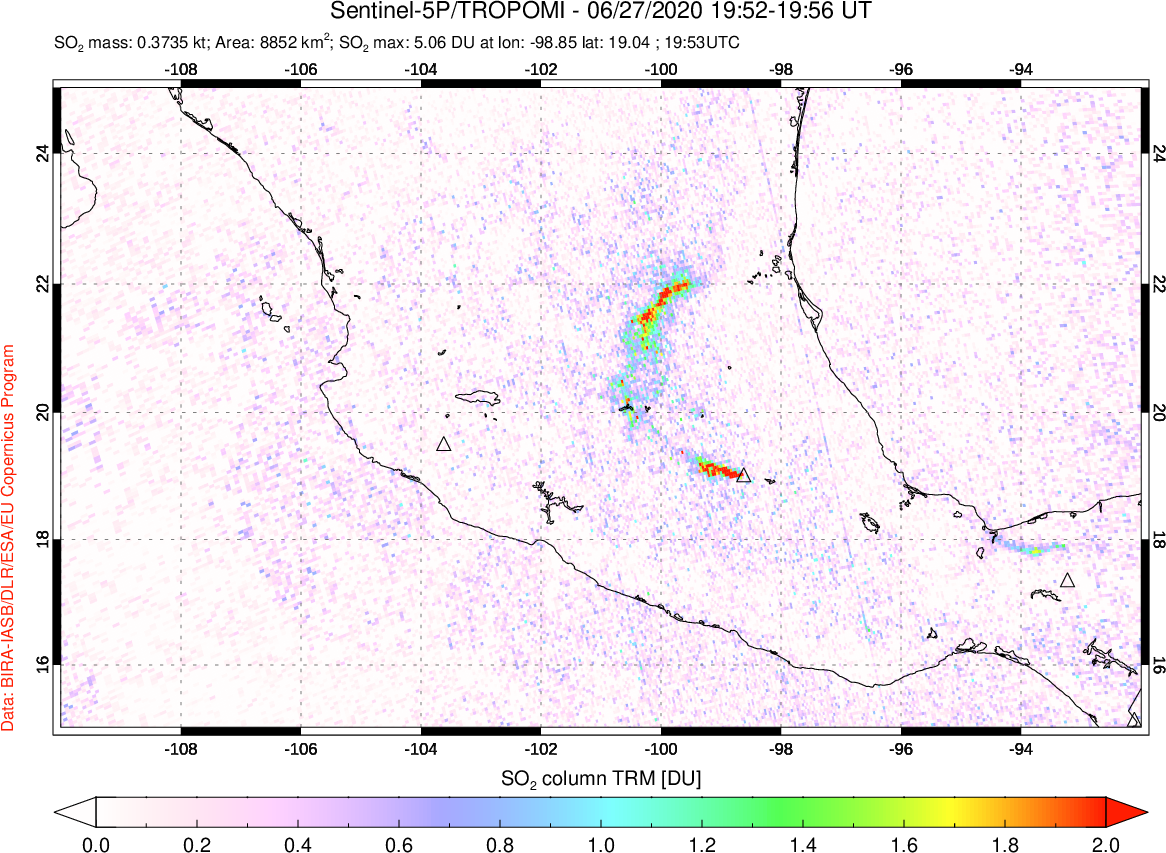 A sulfur dioxide image over Mexico on Jun 27, 2020.