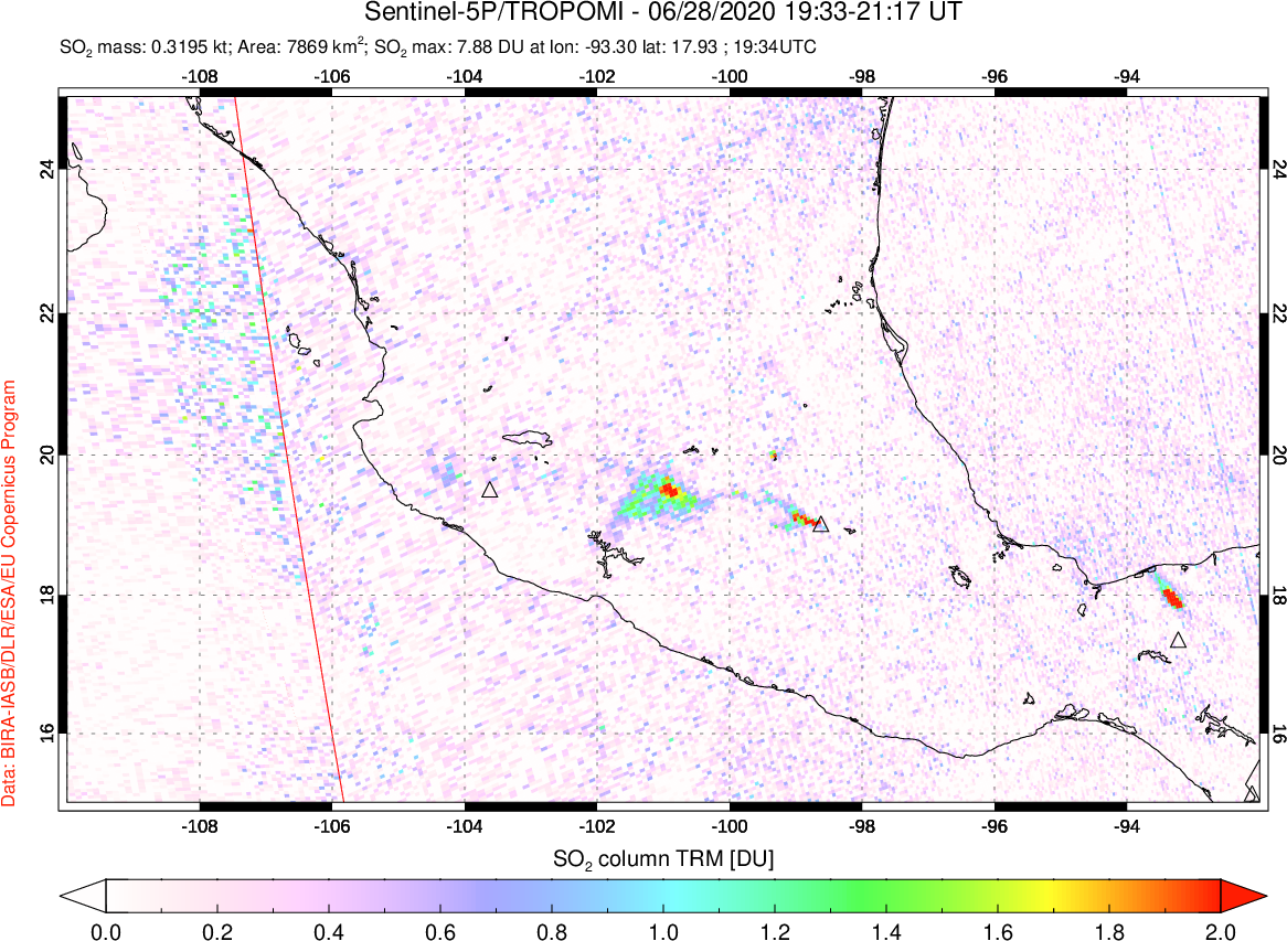 A sulfur dioxide image over Mexico on Jun 28, 2020.