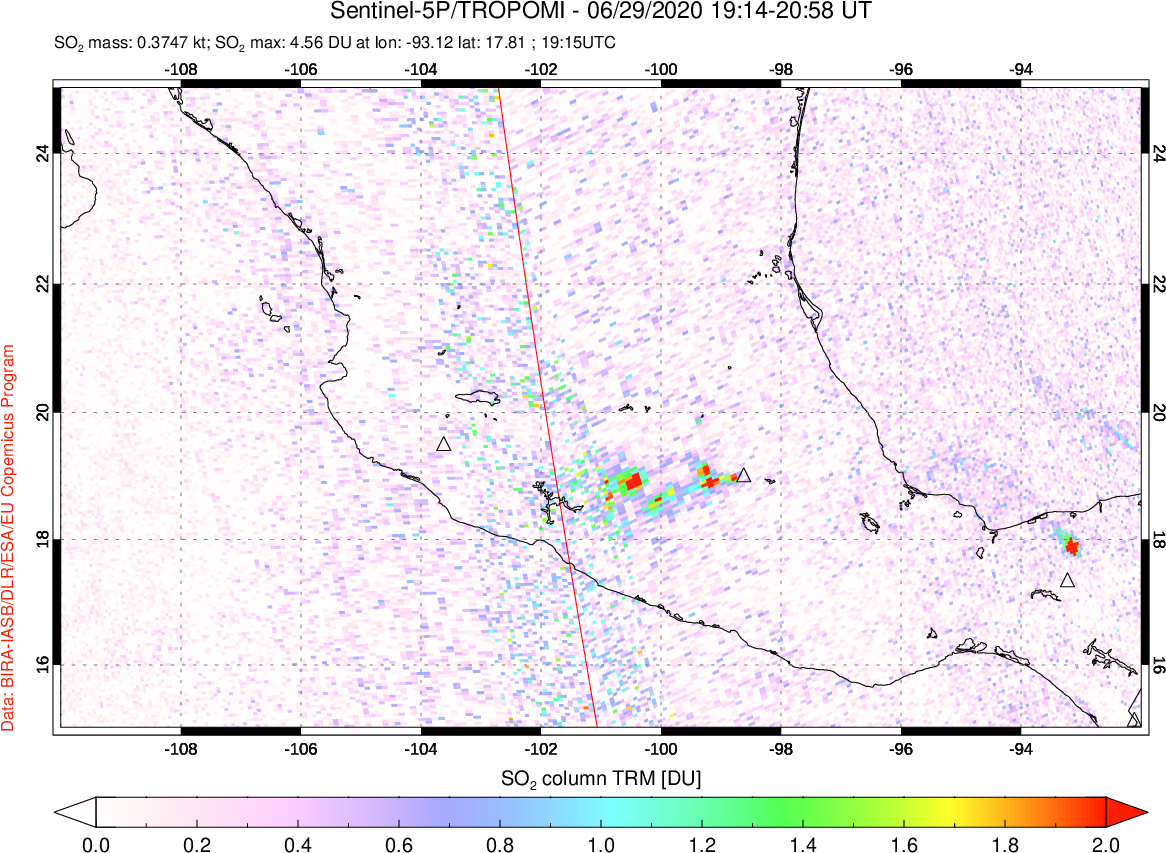 A sulfur dioxide image over Mexico on Jun 29, 2020.