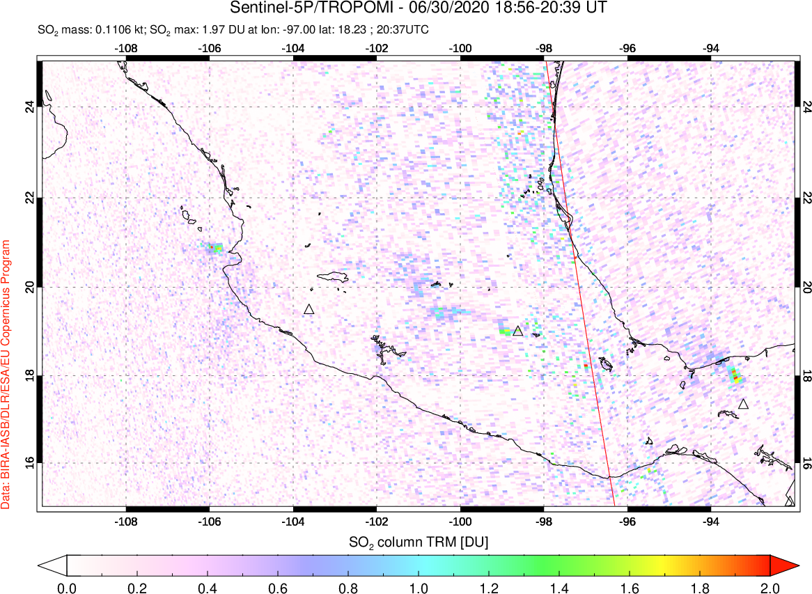 A sulfur dioxide image over Mexico on Jun 30, 2020.