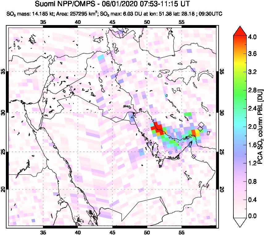 A sulfur dioxide image over Middle East on Jun 01, 2020.