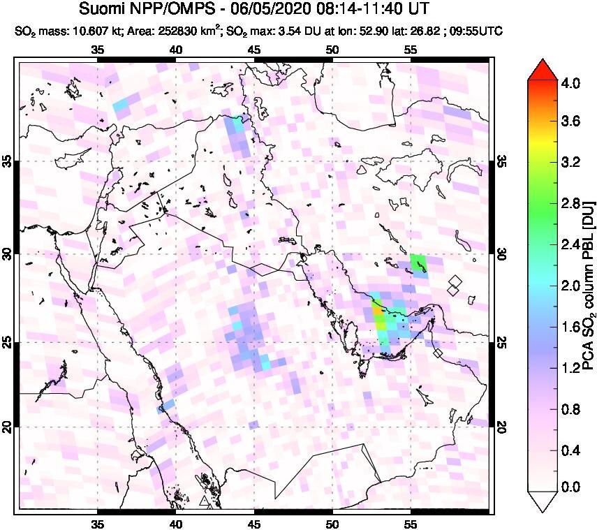 A sulfur dioxide image over Middle East on Jun 05, 2020.