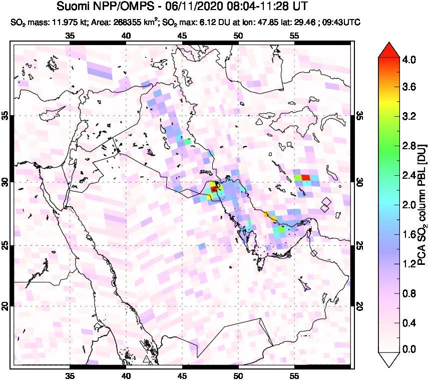 A sulfur dioxide image over Middle East on Jun 11, 2020.