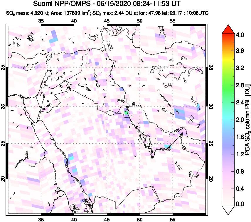A sulfur dioxide image over Middle East on Jun 15, 2020.
