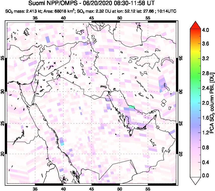 A sulfur dioxide image over Middle East on Jun 20, 2020.