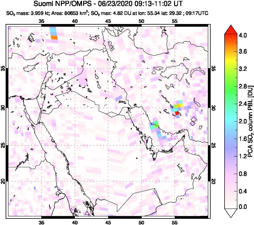 A sulfur dioxide image over Middle East on Jun 23, 2020.